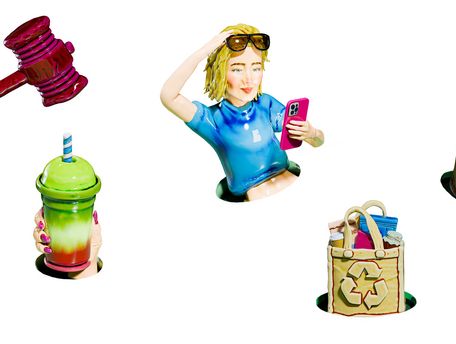 Figuren, Einkaufstasche, Frau mit Handy, Trinkbecher
